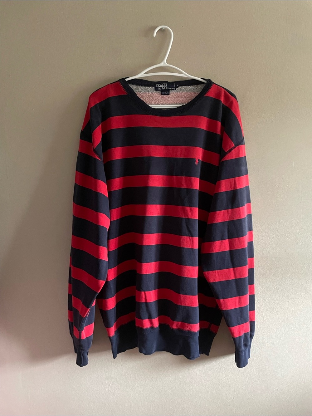 Vintage Polo by Ralph Lauren Navy & Red Striped Crewneck Sweater – Size XL *Flaw
